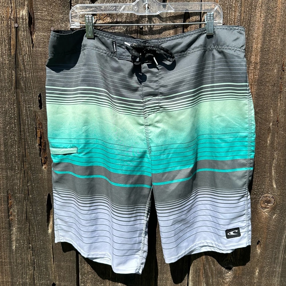 O’Neill Lennox Blue White Gray Striped Board Shorts Swim Trunks with Drawstring
